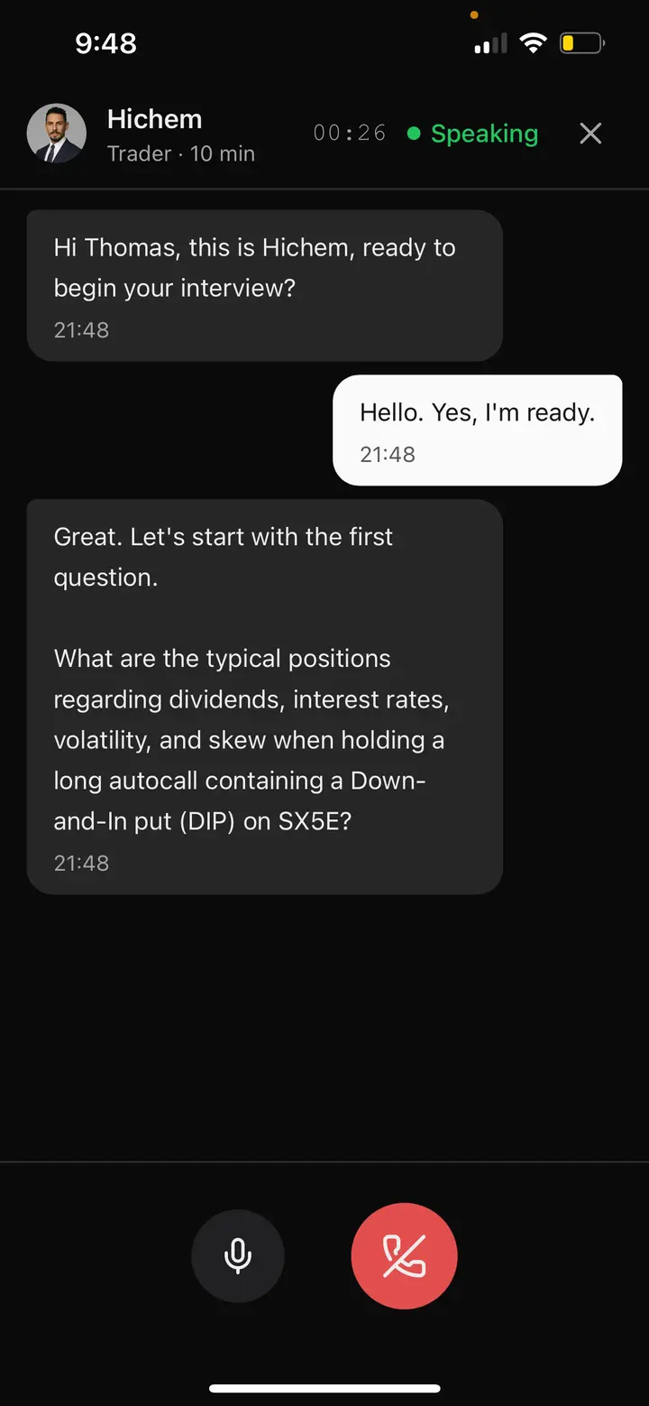 FinMenty interview simulation: a finance professional's avatar asks a desk-specific question by voice, with a live transcript