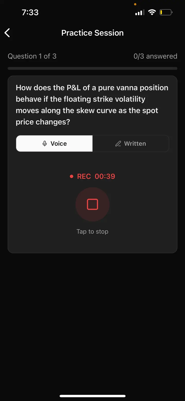 FinMenty practice session: answering a finance question by voice
